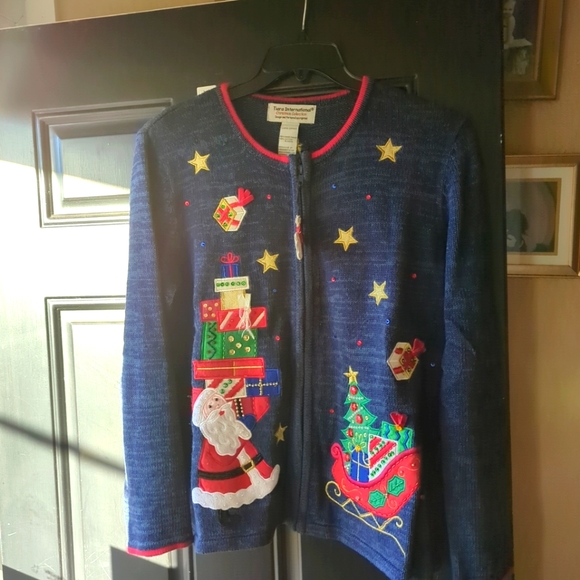 🌲Christmas Sweater Tiara International SZ Large Zipper Front EUC - Picture 2 of 15